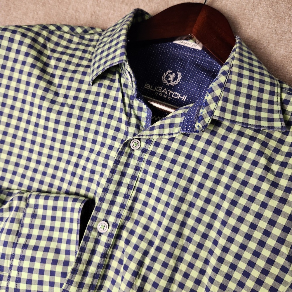 Bugatchi Uomo Button Down Mens XL Green Blue Gingham Shaped Fit Roll Tab Sleeve